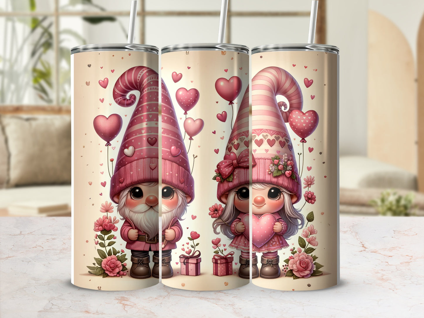 Three Valentine's Day themed tumblers with gnomes, hearts, and flowers.