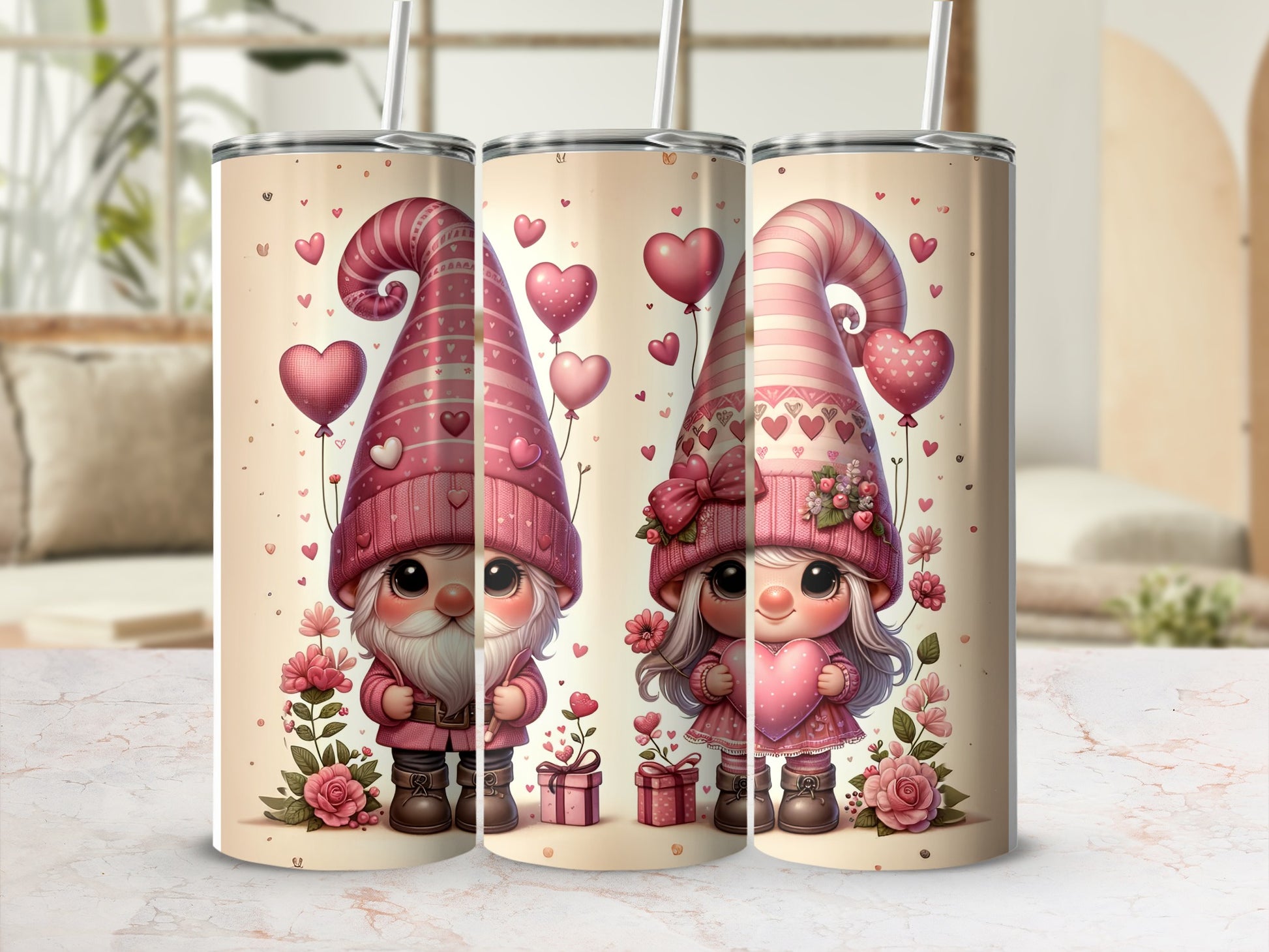 Three Valentine's Day themed tumblers with gnomes, hearts, and flowers.