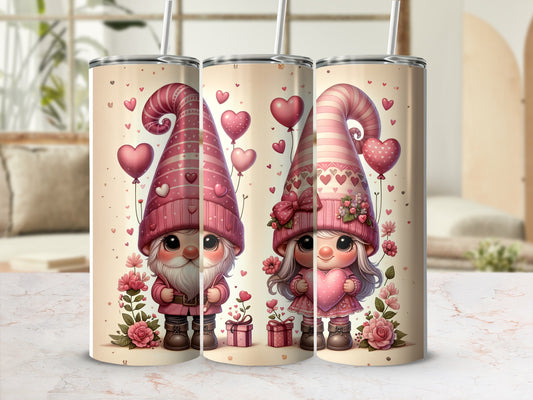 Three Valentine's Day themed tumblers with gnomes, hearts, and flowers.