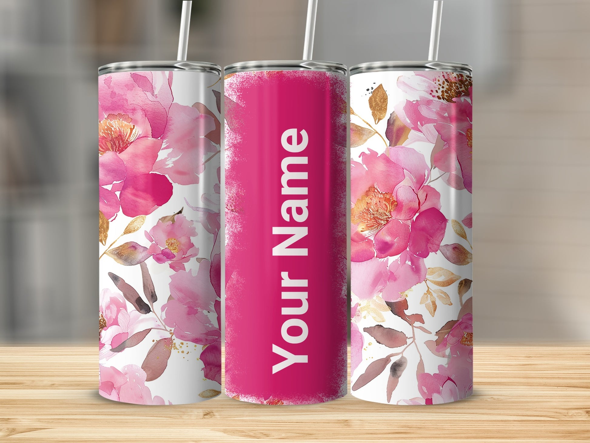 Personalized Floral Design Tumbler with Pink Flowers