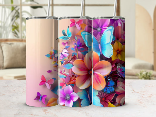 Three tumblers with floral and butterfly designs in pink, blue, and purple.