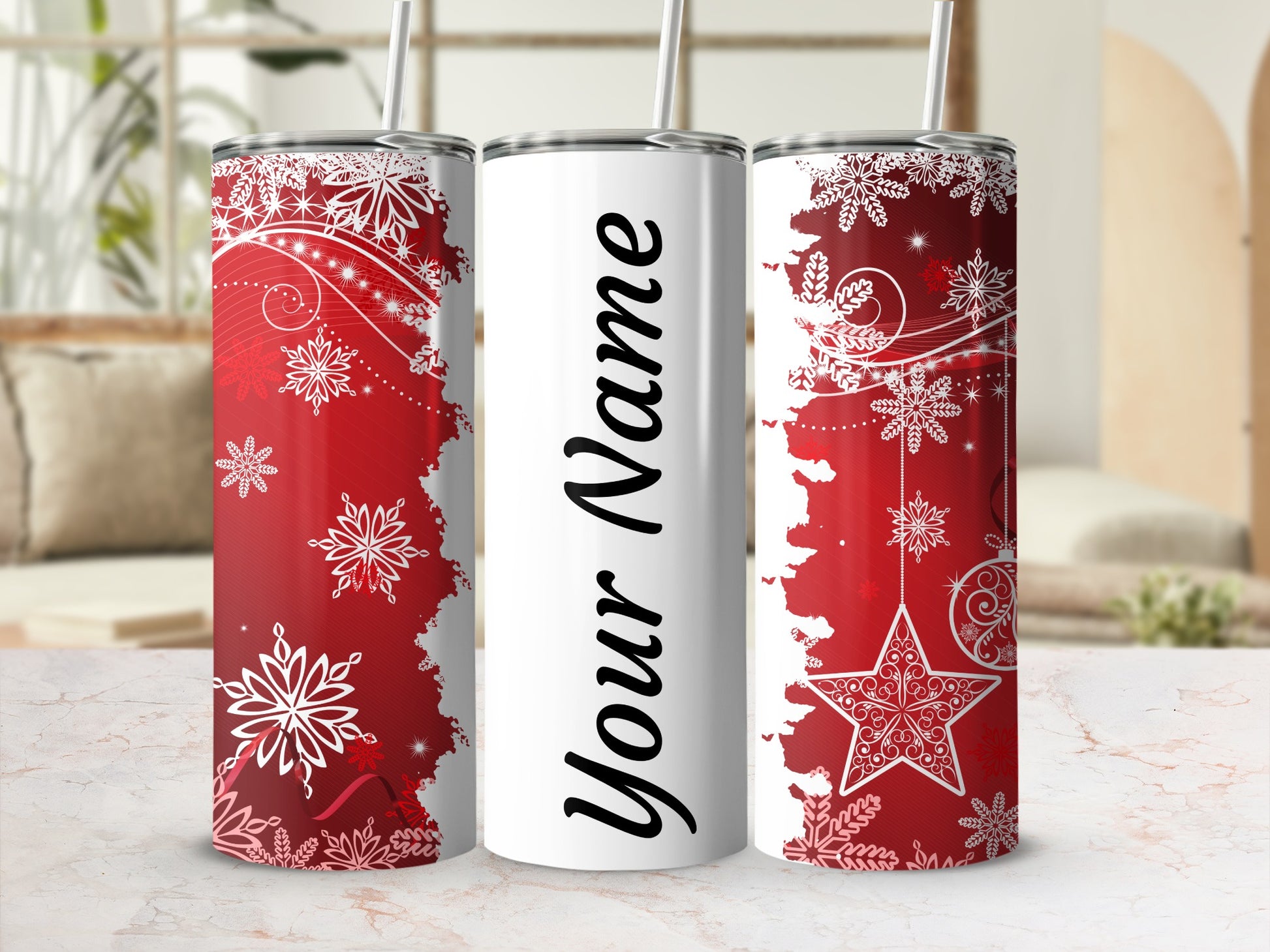 Personalized Red Snowflakes Tumbler Customizable Flask
