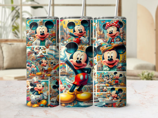 Mickey Mouse collage on three stainless steel tumblers.
