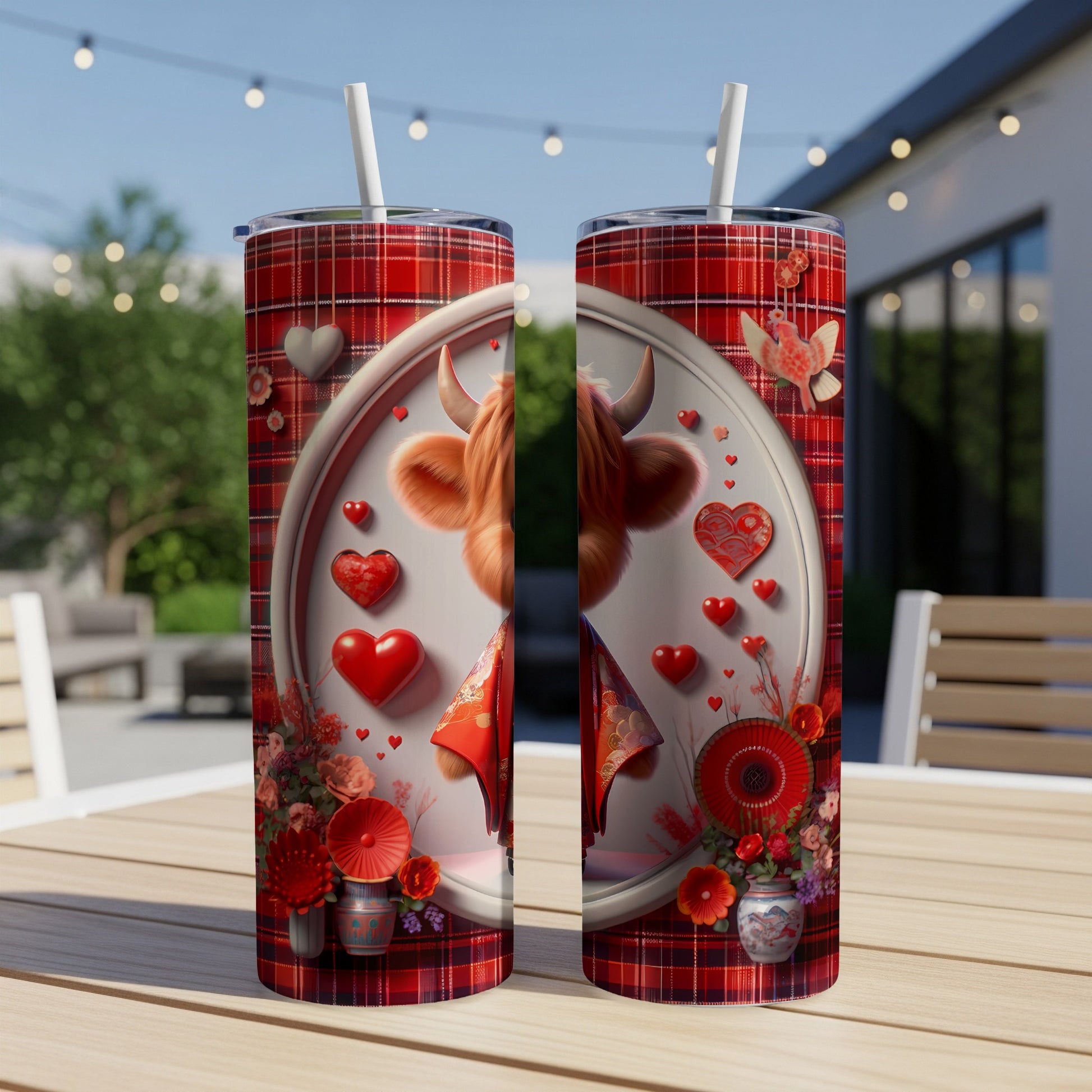 Red and white plaid tumblers with hearts, flowers, and a bull graphic.