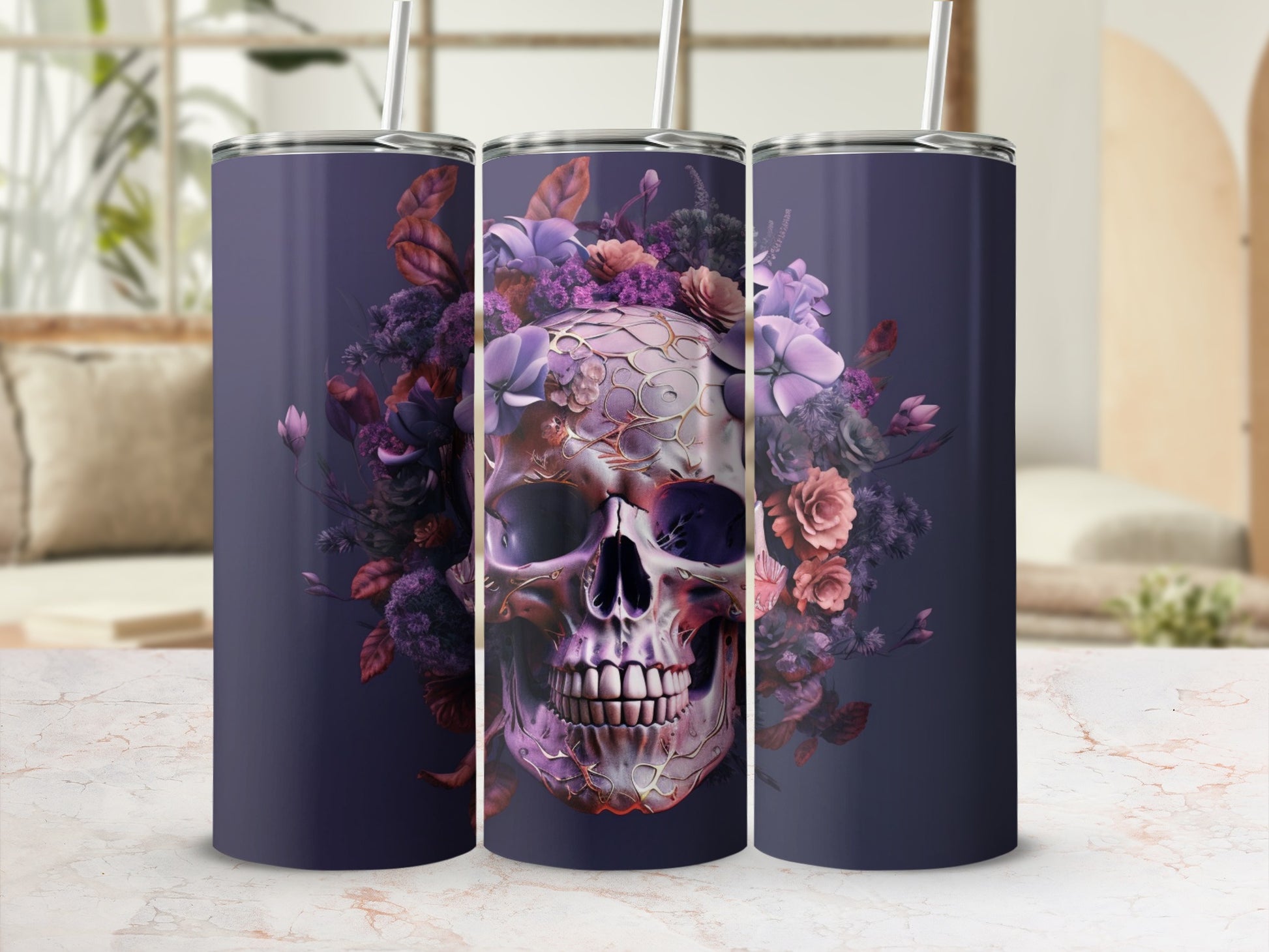 Floral Skull Art Tumbler with Purple Floral Design