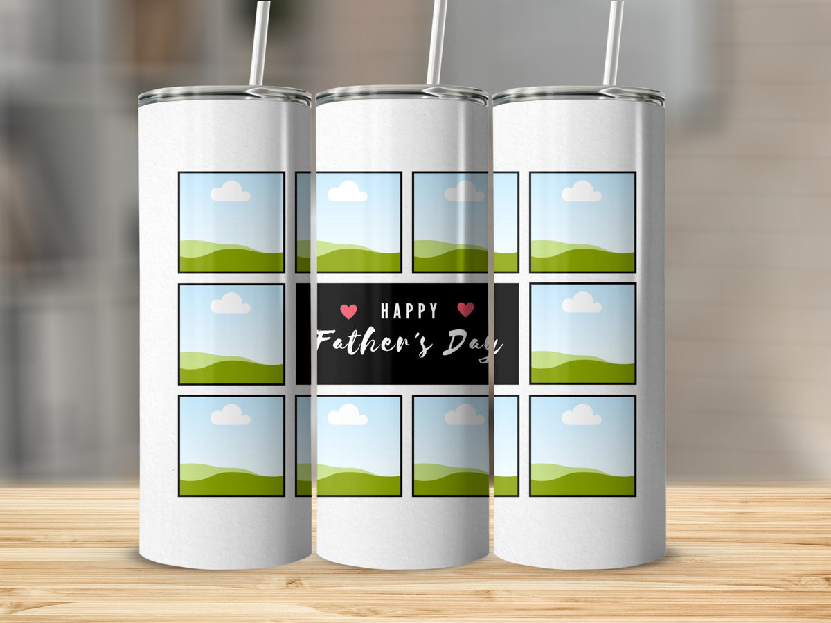 White tumblers with grid of landscape placeholders and "Happy Father's Day" text.