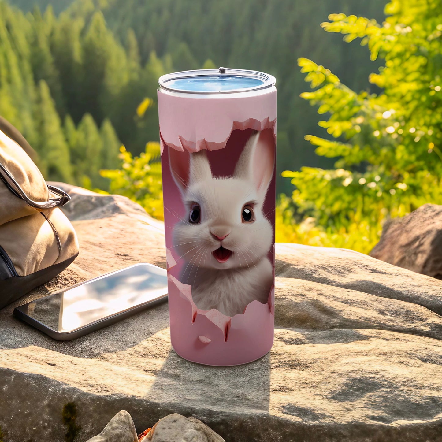 Adorable Bunny Artwork on Pink Travel Tumbler
