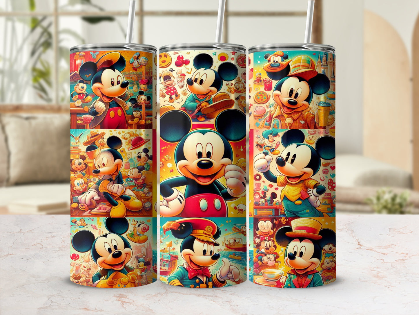 Mickey Mouse collage on a tumbler with colorful backgrounds.
