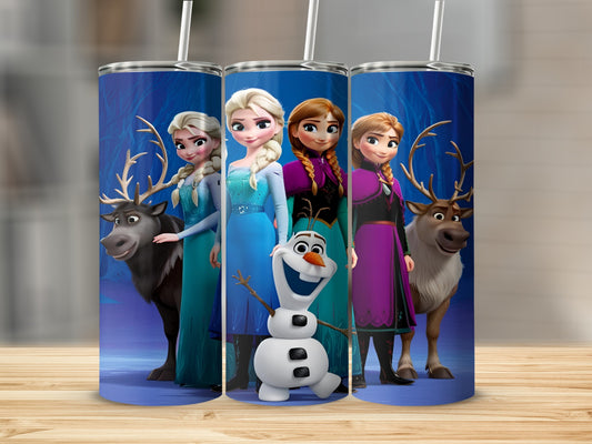 Elsa, Anna, Kristoff, Olaf, and Sven from Frozen on a blue background.