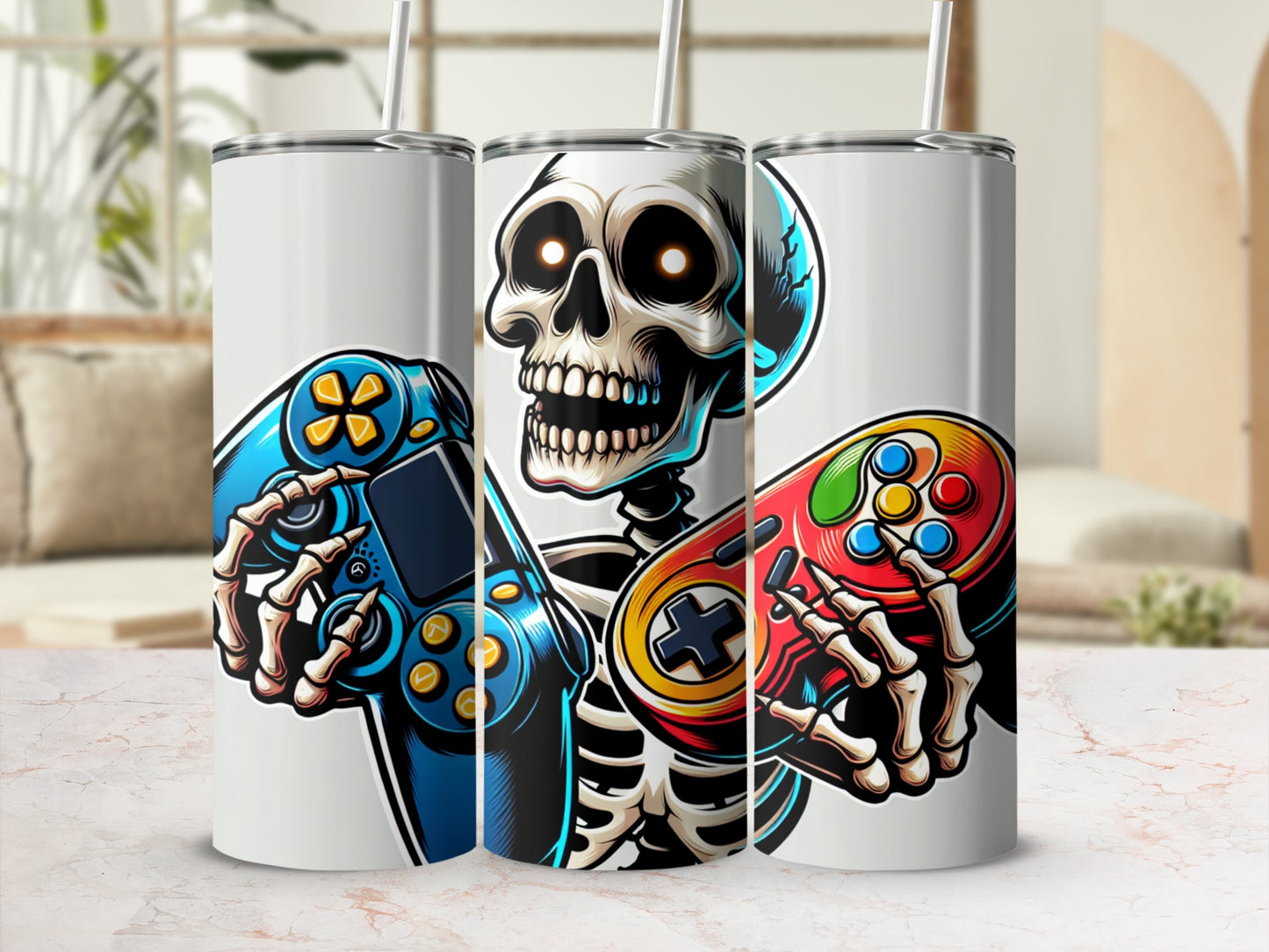 Skeleton holding two colorful video game controllers.