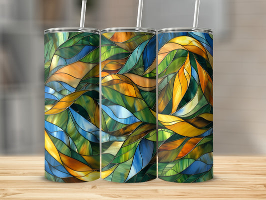 Three tumblers with stained glass design featuring blue, green, and orange abstract wavy patterns.