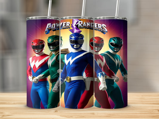 Power Rangers with lightning bolts behind them on a tumbler.