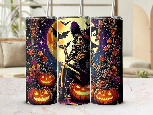 Three tumblers with Halloween skeleton witch and jack-o'-lantern designs.