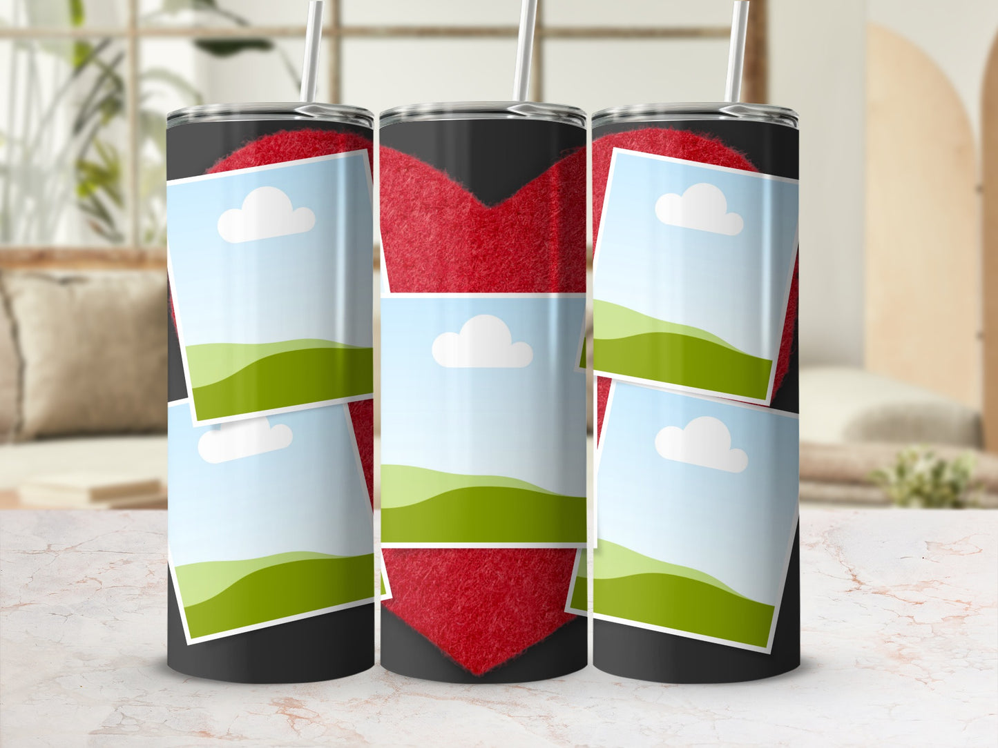 Three tumblers with a red heart design and stacked landscape photo placeholders.