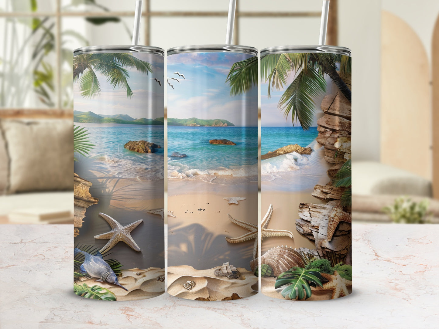 Beach scene with seashells, starfish, and palm trees on a tumbler.