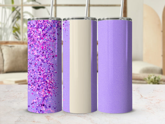 Three glittery purple tumblers with a cream stripe on the middle one.