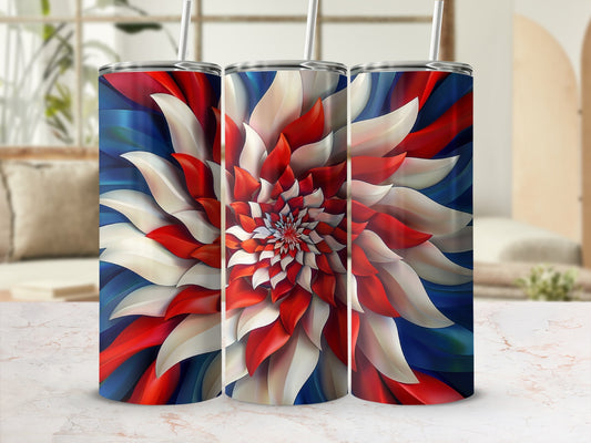 Three tall tumblers with a red, white, and blue floral fractal design.