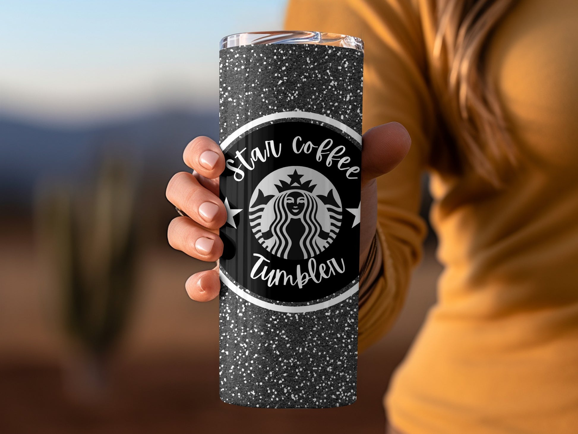 Star Coffee Tumbler with Black Glitter Design