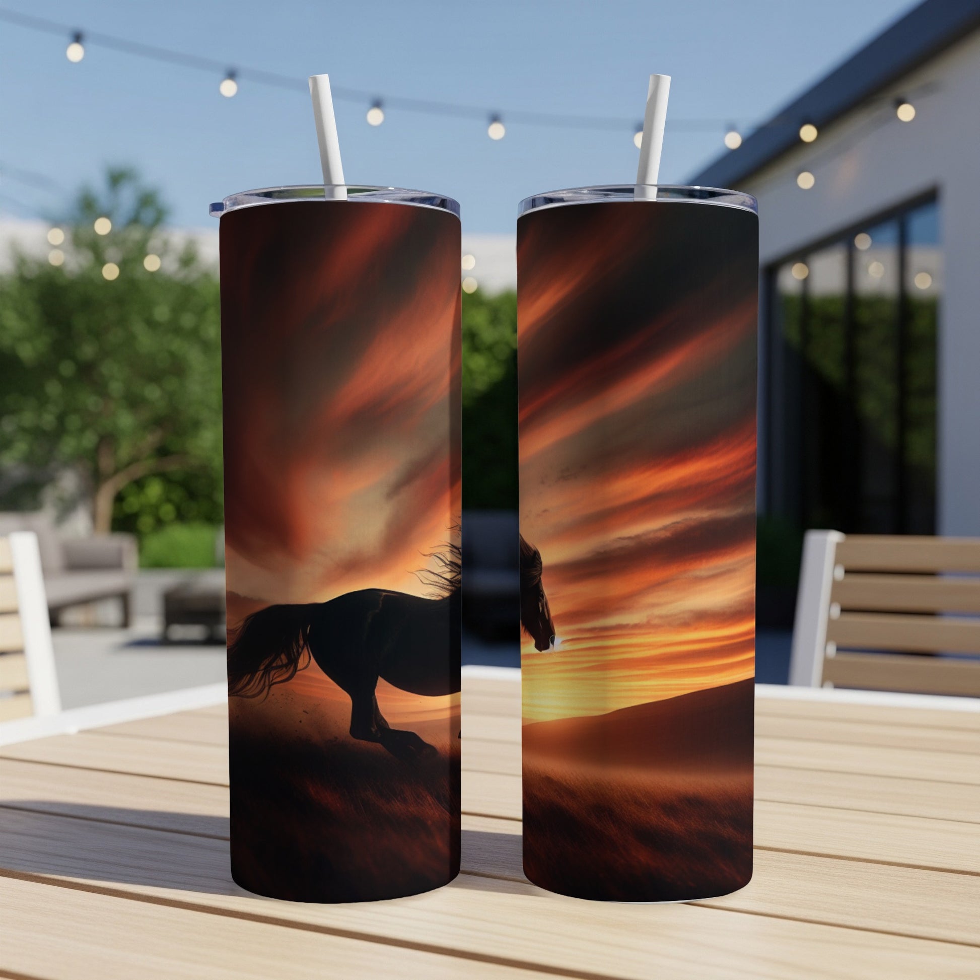 Two tumblers featuring a horse running through a fiery sunset desert landscape.