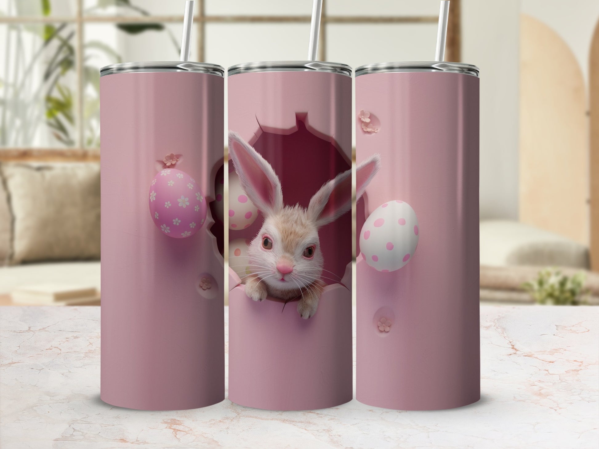 Pink tumbler with Easter bunny and eggs, design peeking through torn paper.