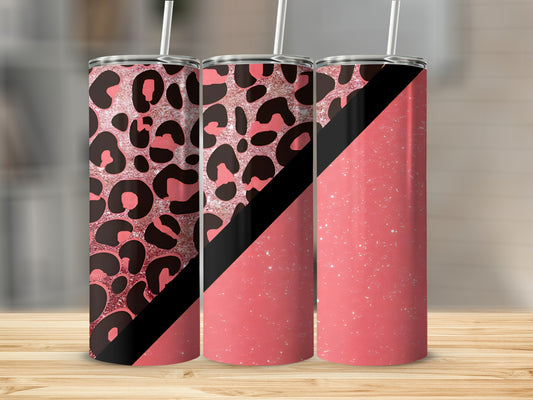 Three tumblers with pink glitter leopard print and solid pink halves, separated by black.