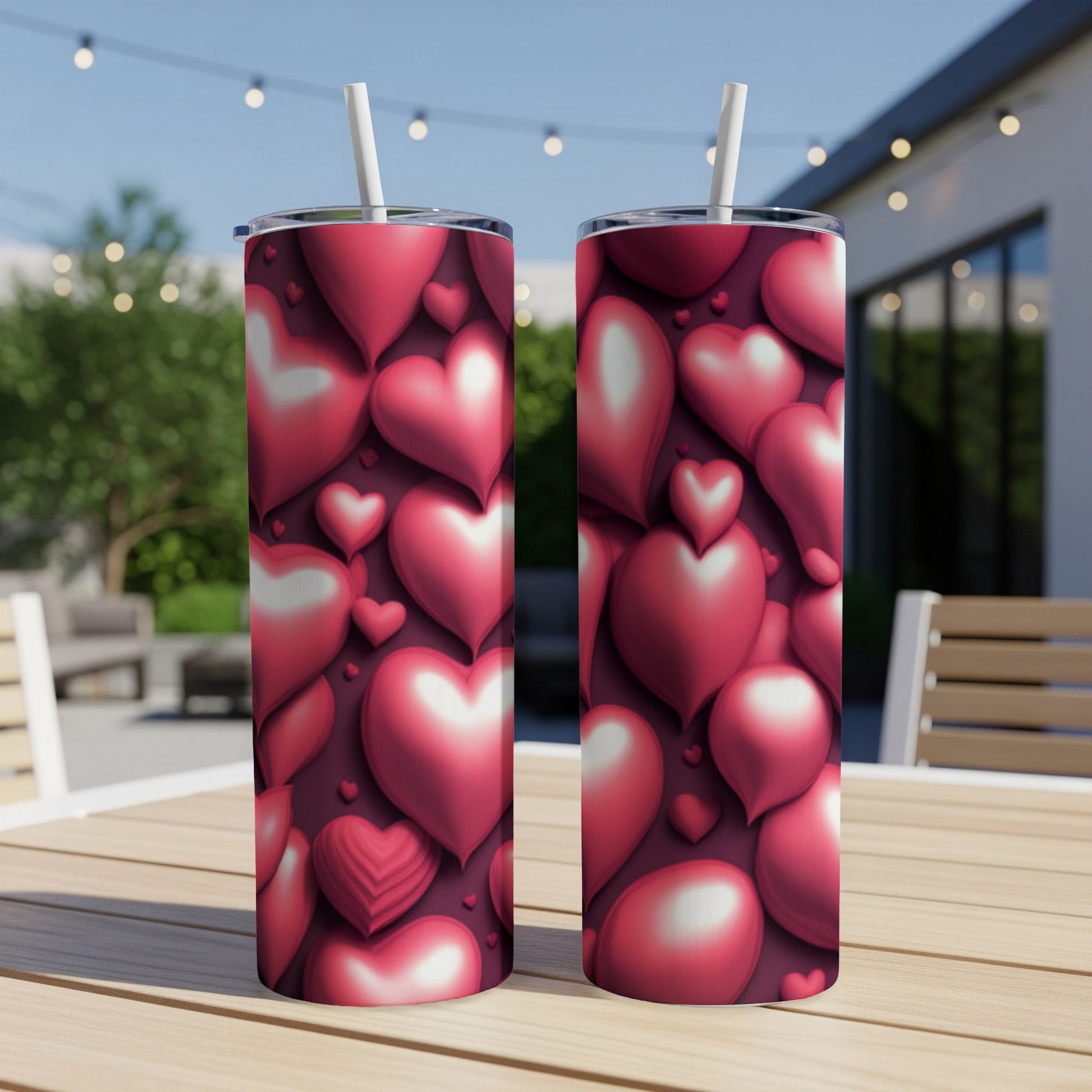 Two pink heart-patterned tumblers with straws on a wooden table outdoors.