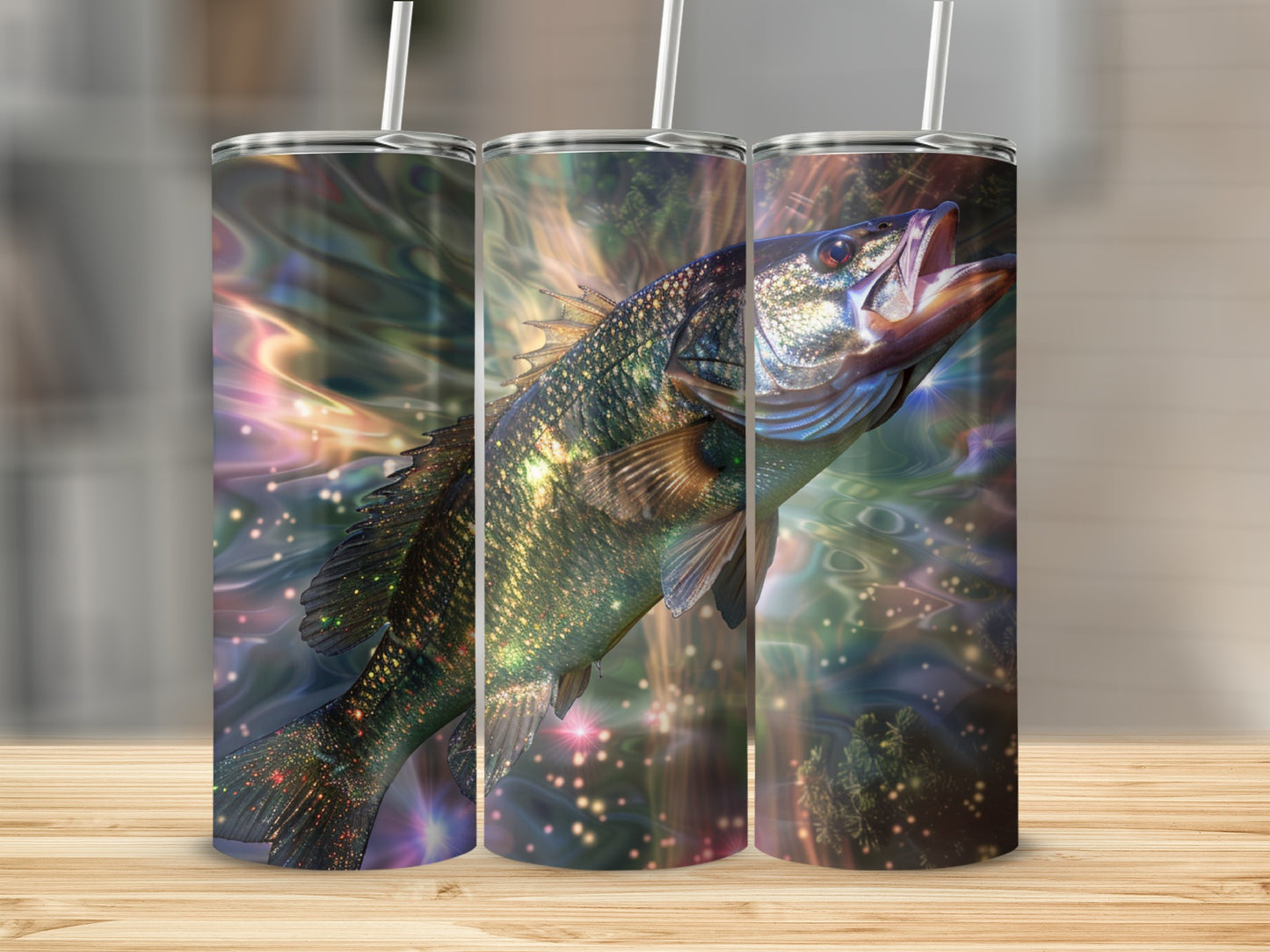 Realistic largemouth bass leaping from abstract, colorful, watery background.