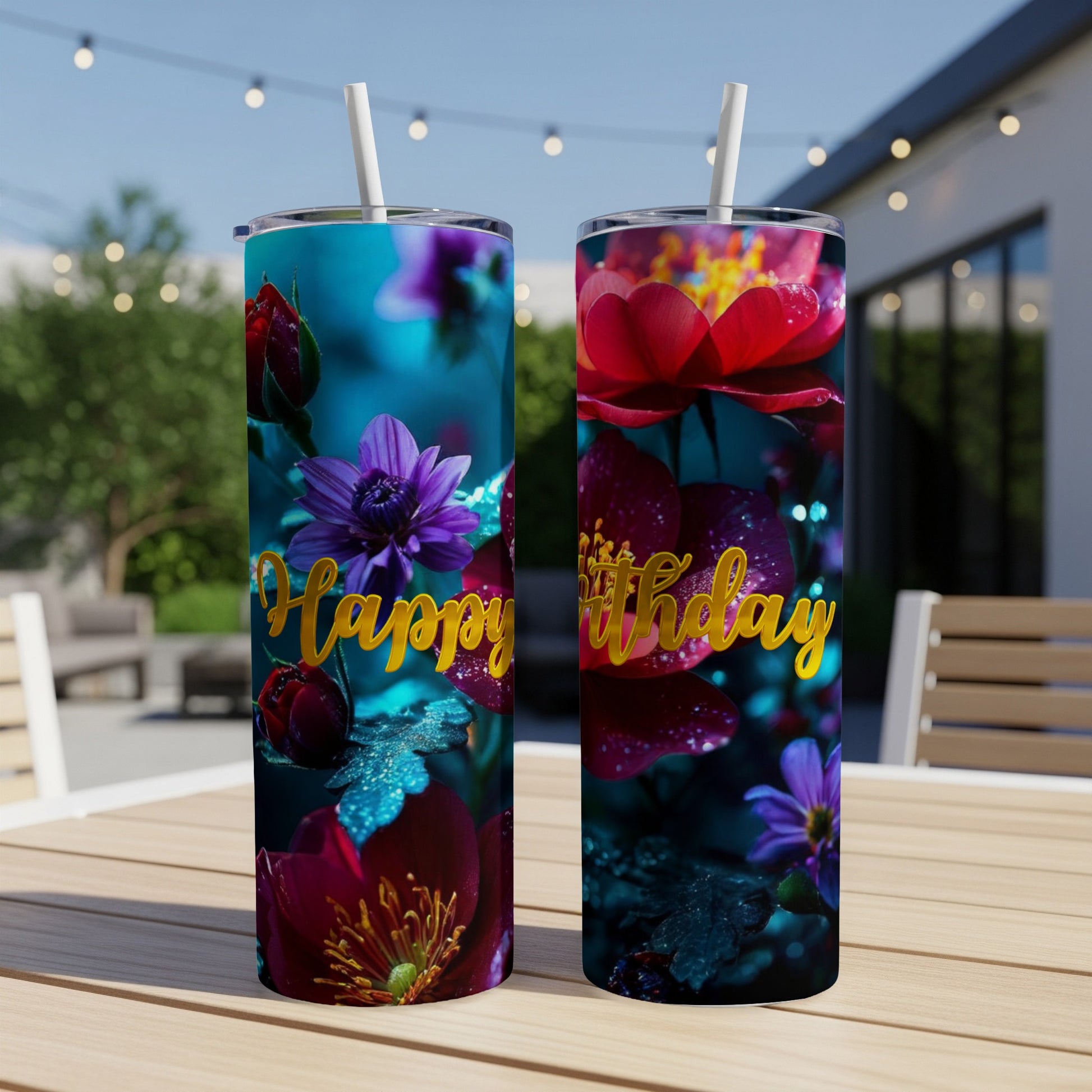 Two tumblers with colorful flowers and "Happy Birthday" text.