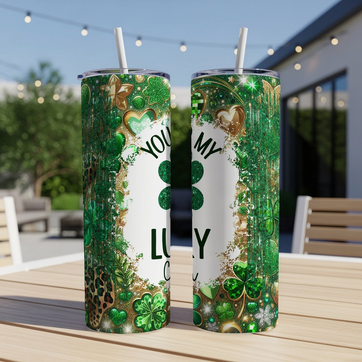 Green St. Patrick's Day tumbler with shamrocks and glitter text "You're my lucky charm."