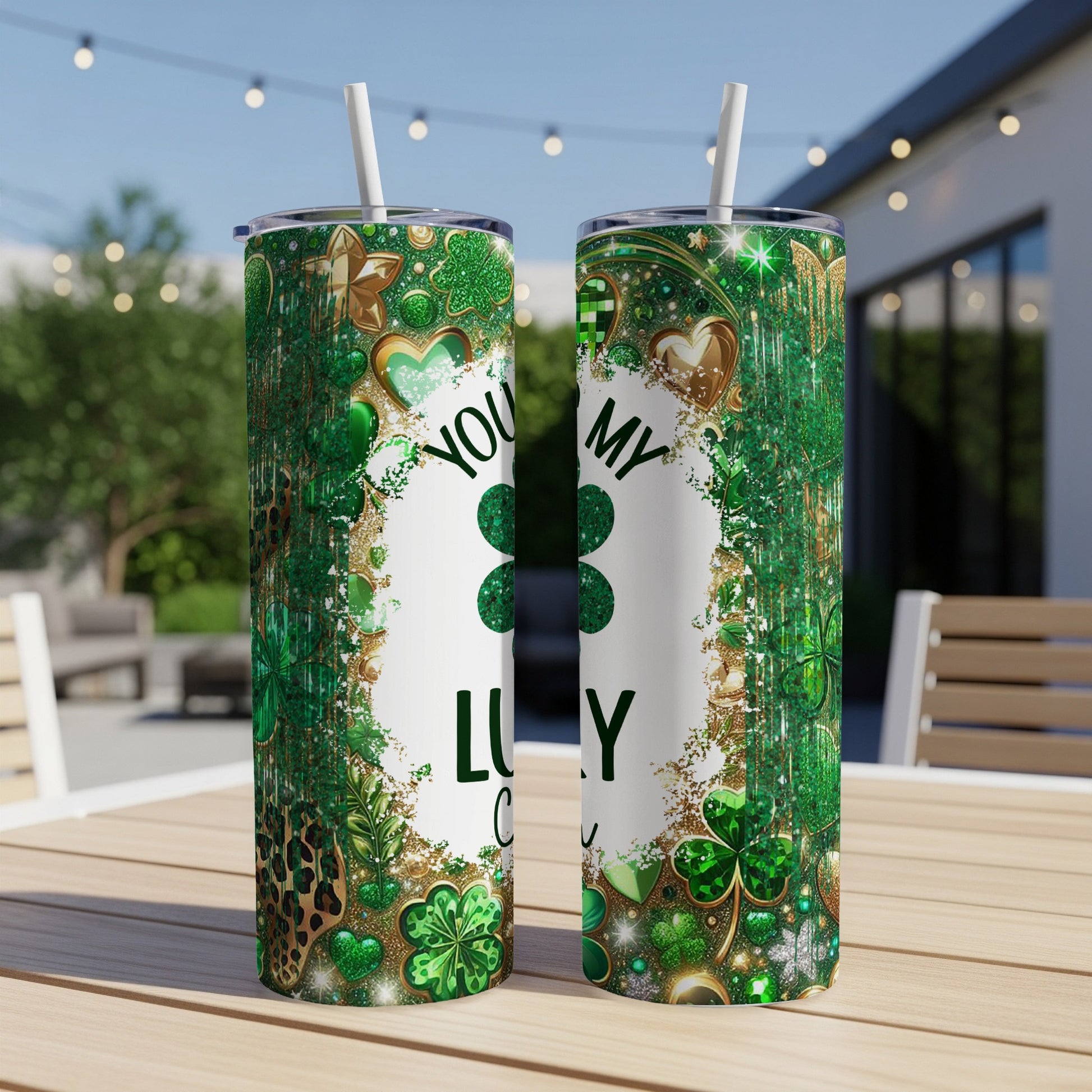Green St. Patrick's Day tumbler with shamrocks and glitter text "You're my lucky charm."