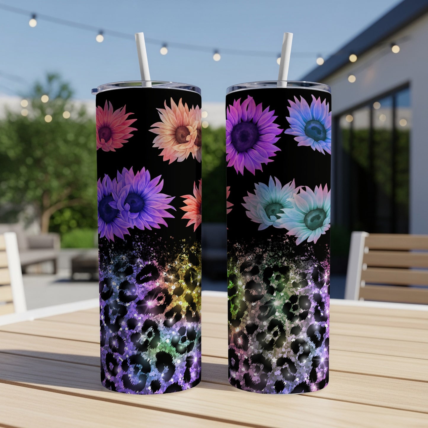 Two tall tumblers with colorful sunflowers and leopard print on black background.