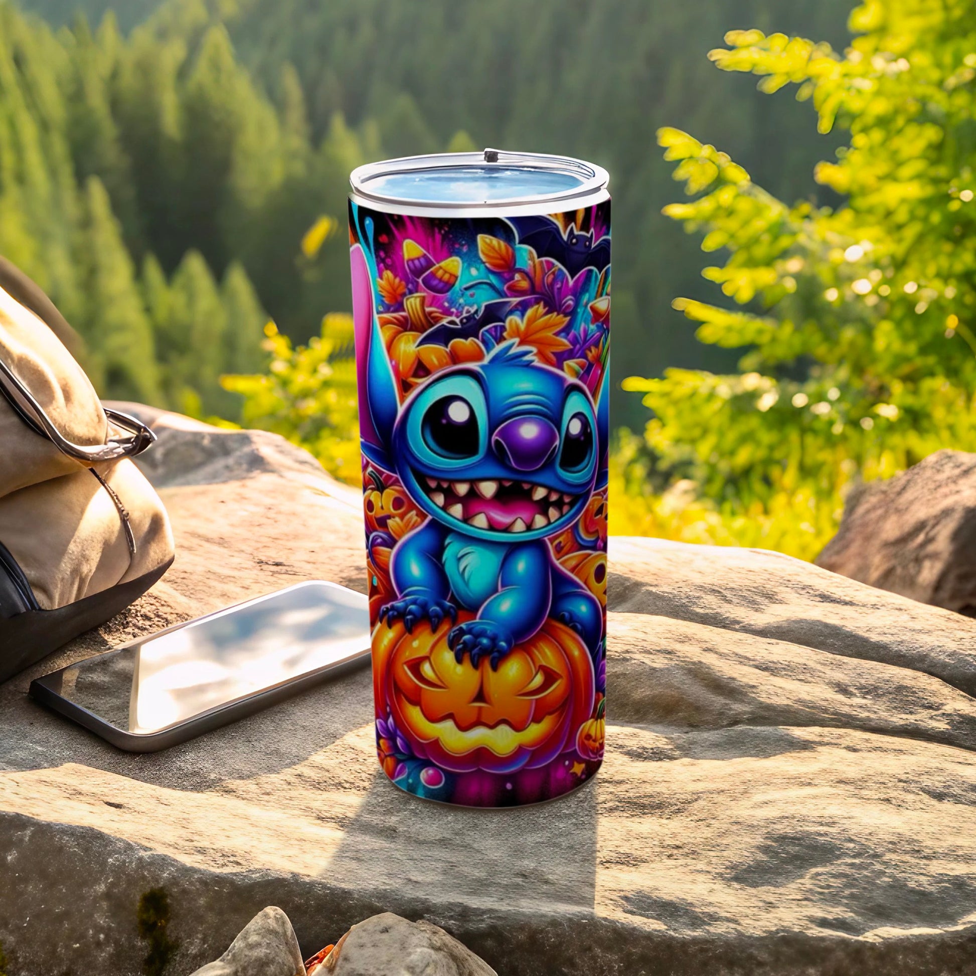 Halloween Themed Travel Tumbler with Cute Blue Character
