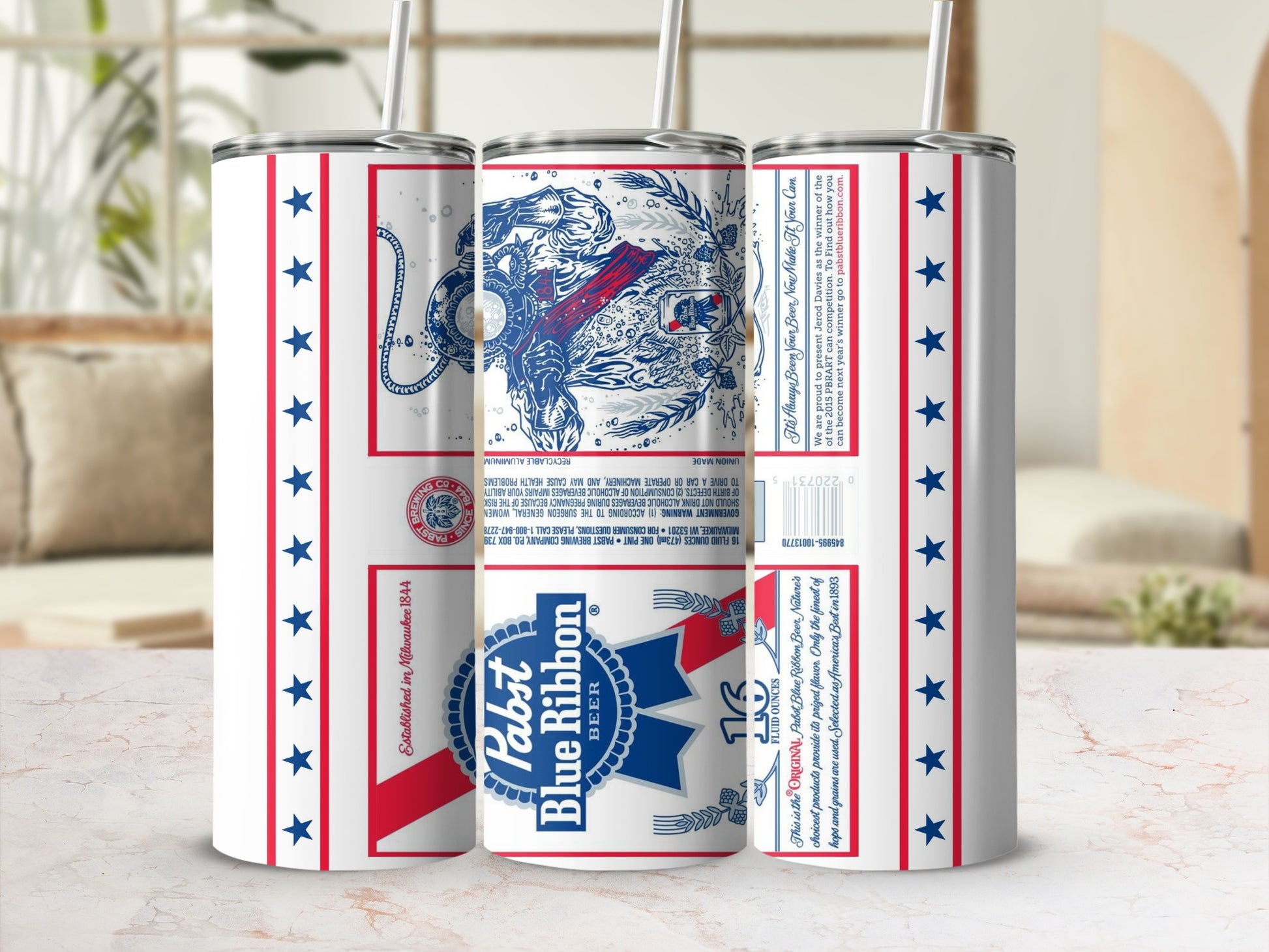 Pabst Blue Ribbon Beer Can Stars Stripes Design Tumbler product type