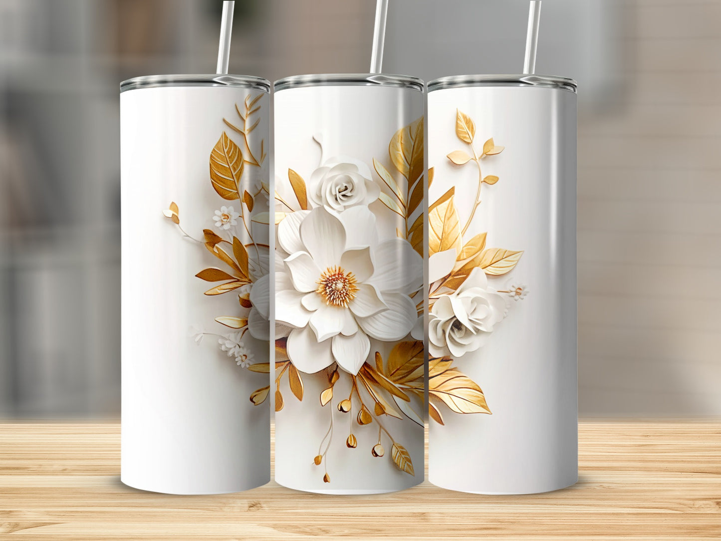 Elegant Floral Design Gold and White Tumbler Cup