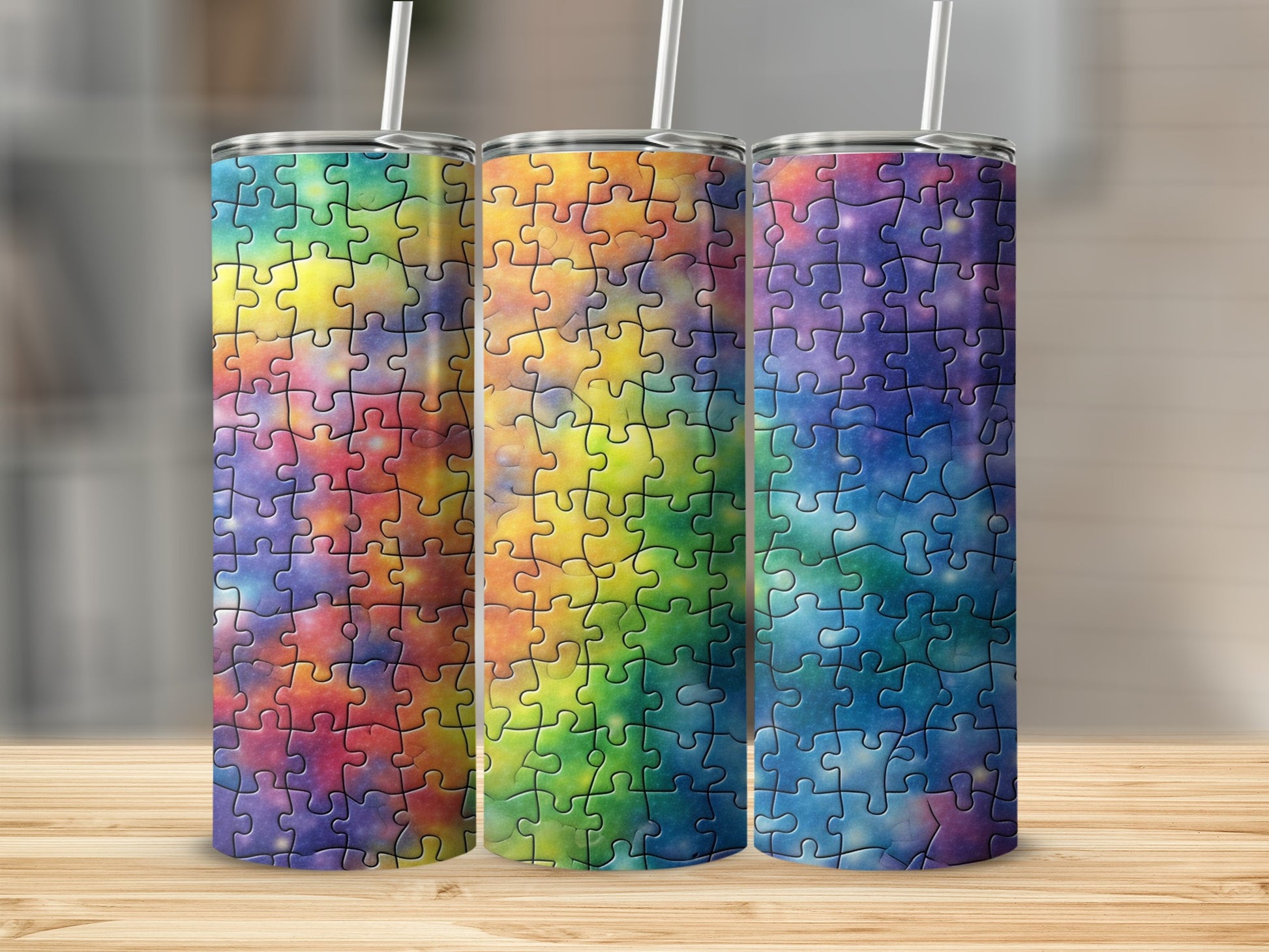 Three tumblers with colorful, abstract puzzle piece designs on a wooden surface.