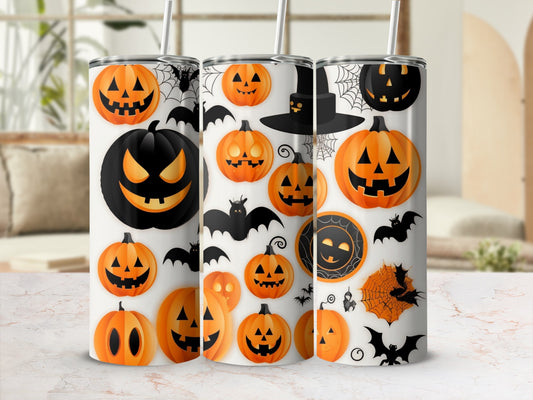 Tumblers with Halloween pumpkins, bats, and spiderwebs.