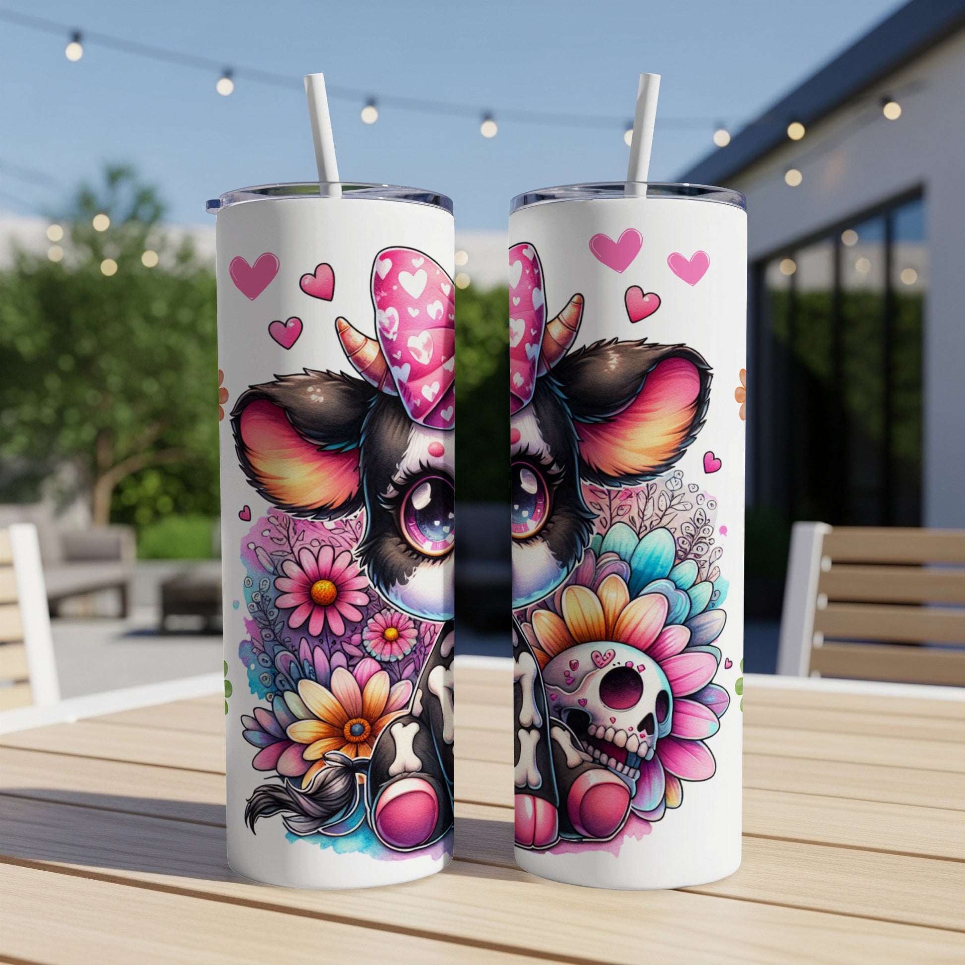 Two tumblers featuring a kawaii cow with skull and flower designs.