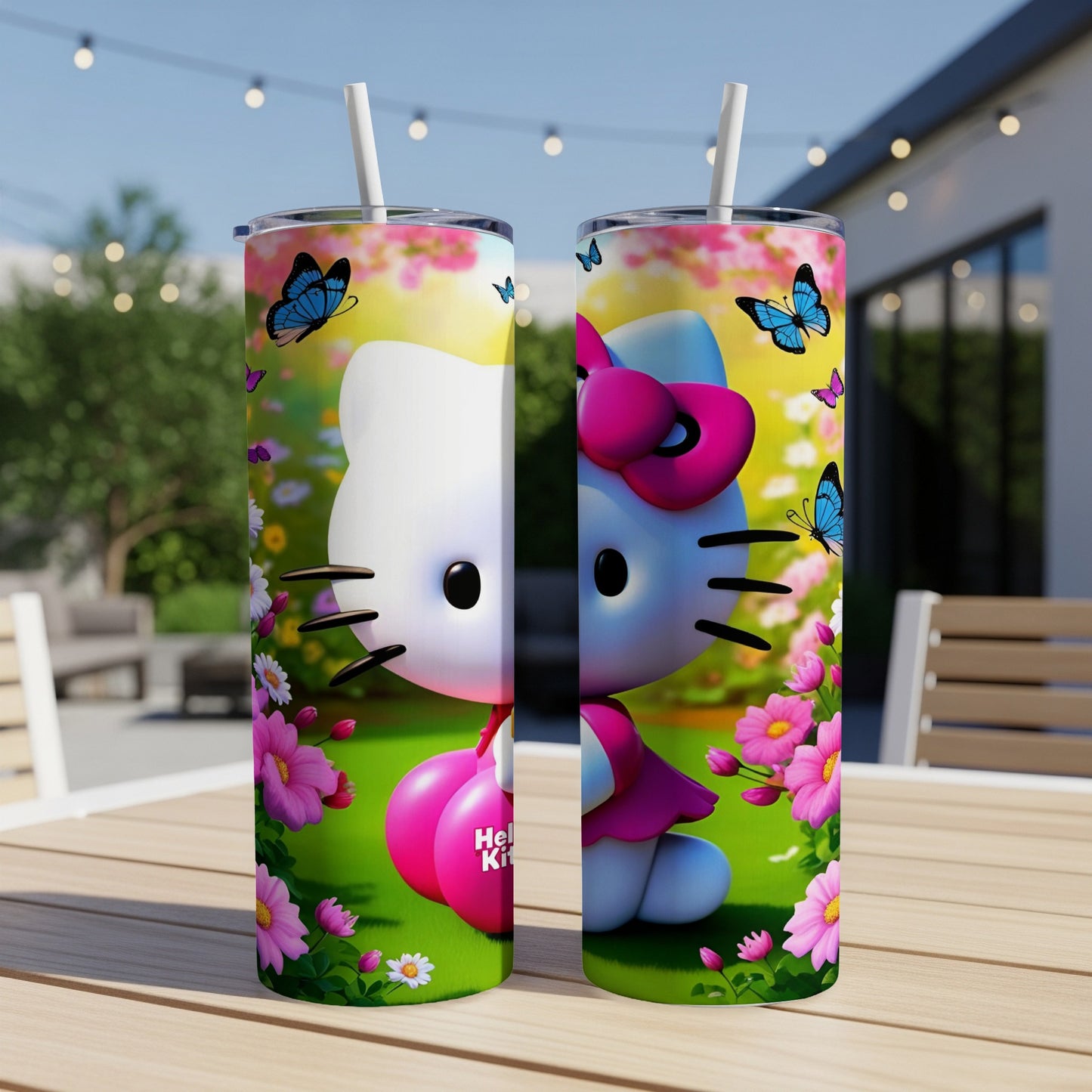 Hello Kitty tumbler with pink bow, flowers, and blue butterflies.