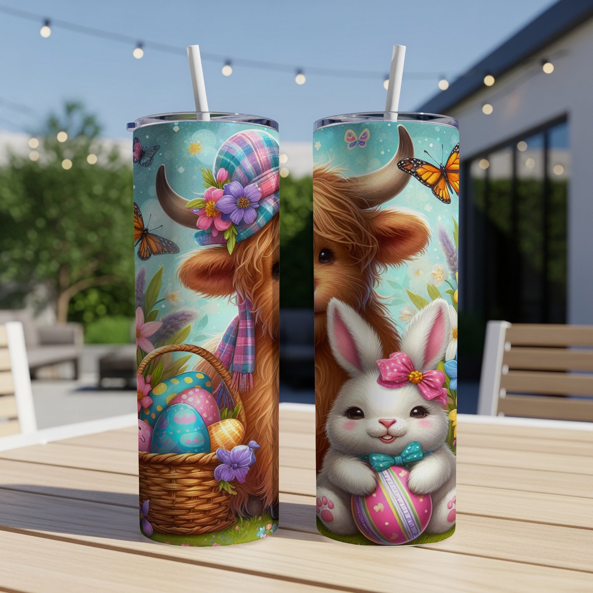 Easter highland cow and bunny with decorated eggs and butterflies.