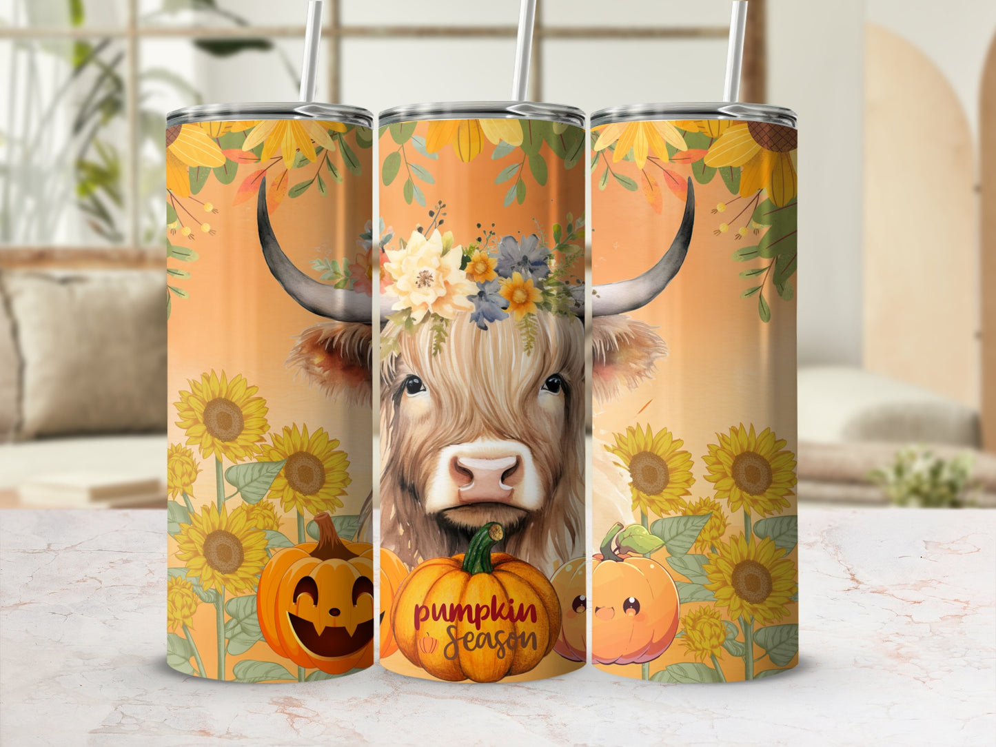 Floral Cow Sunflowers Pumpkin Season Halloween Tumbler