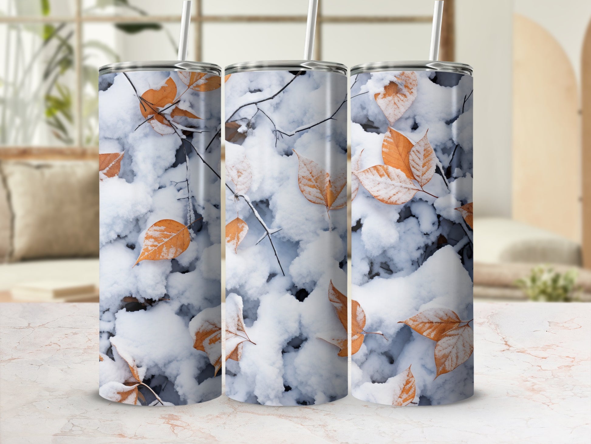 Autumn Leaves on Snow Tall Travel Tumblers Set