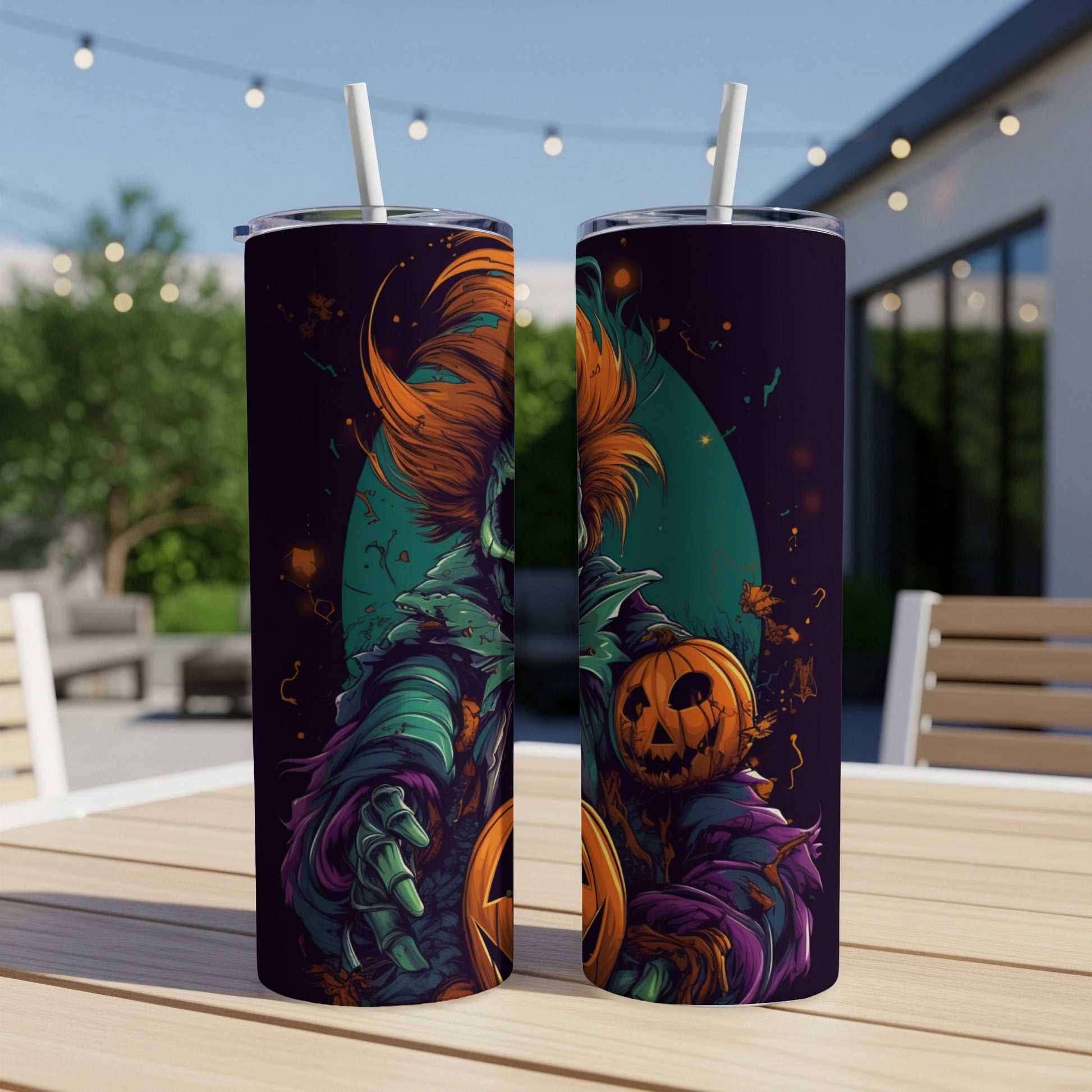Two tumblers with a spooky, colorful Halloween clown and pumpkin design.
