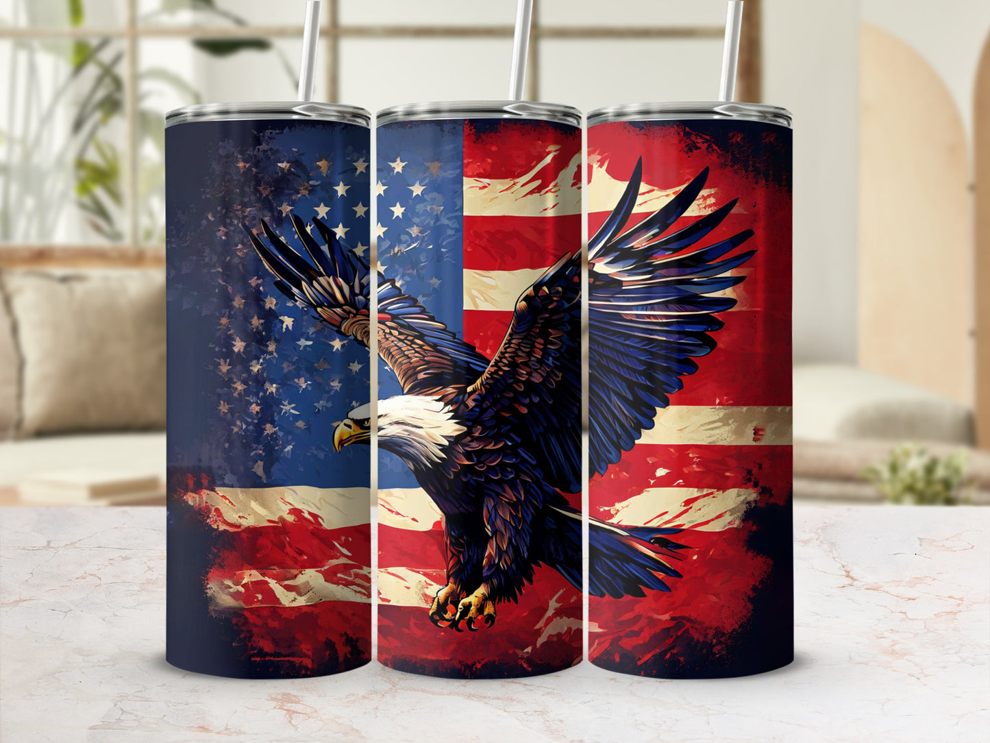 American flag with eagle design on three tumblers.