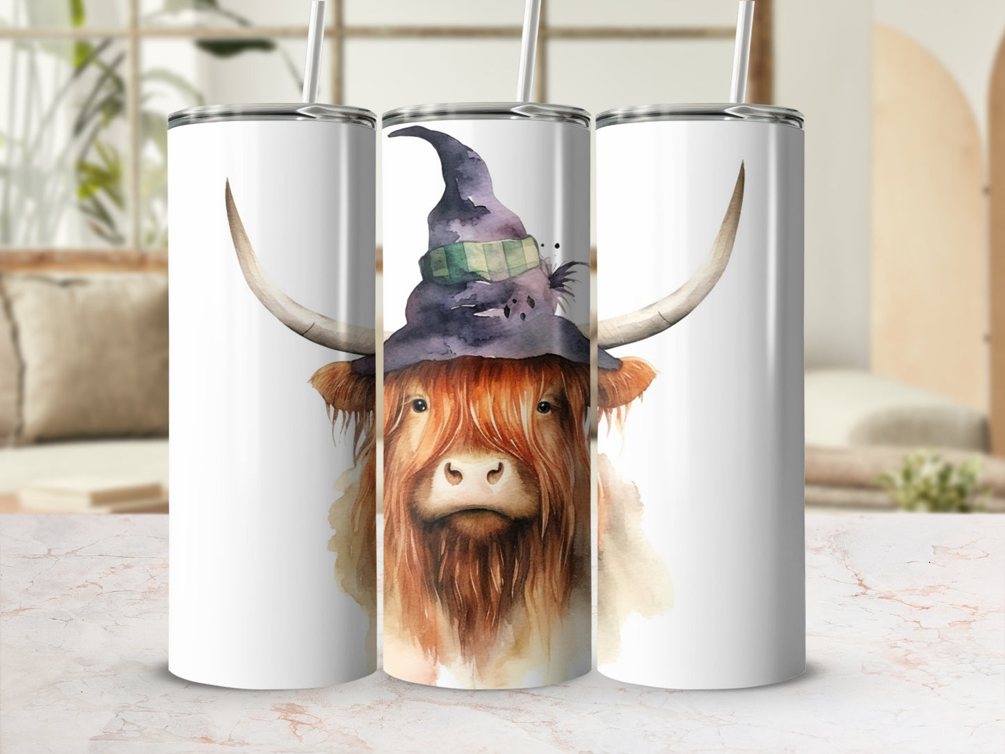 Highland cow wearing witch hat on a tumbler.