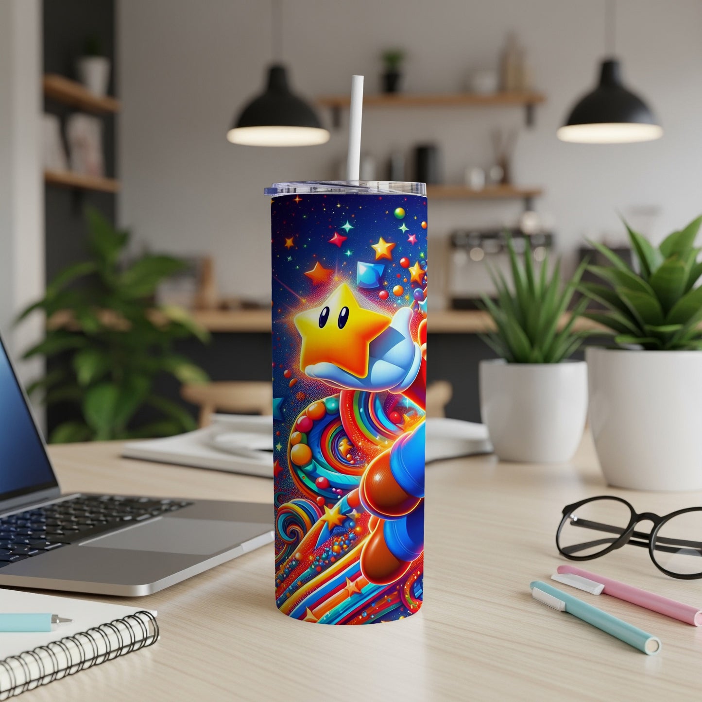 Mario star and colorful swirling patterns on a tumbler with a straw.