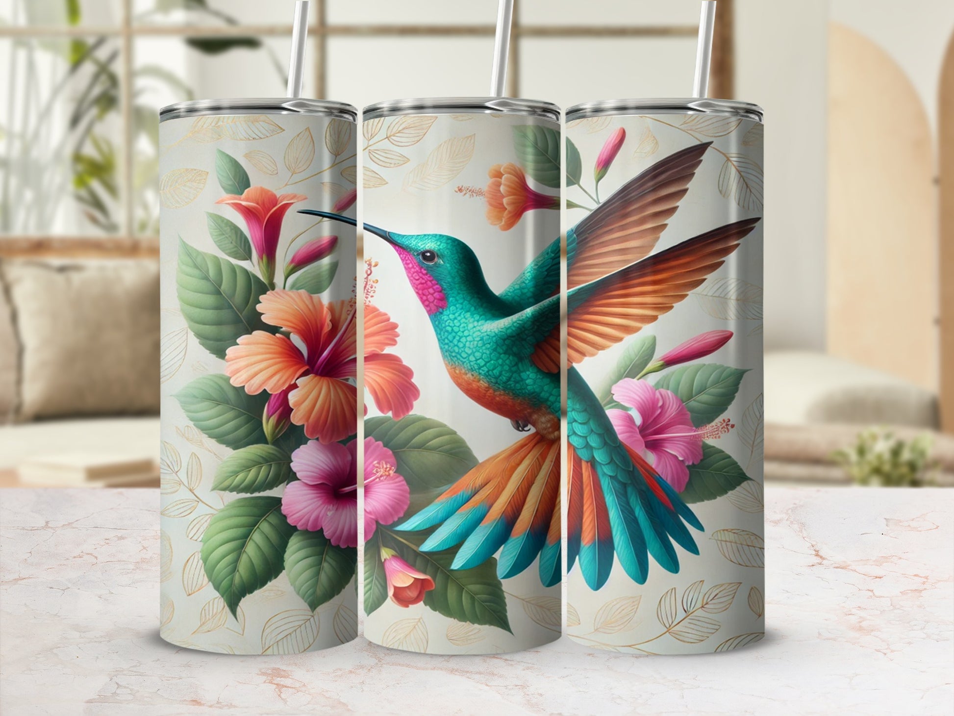 Vibrant Hummingbird and Floral Design Tumbler Product