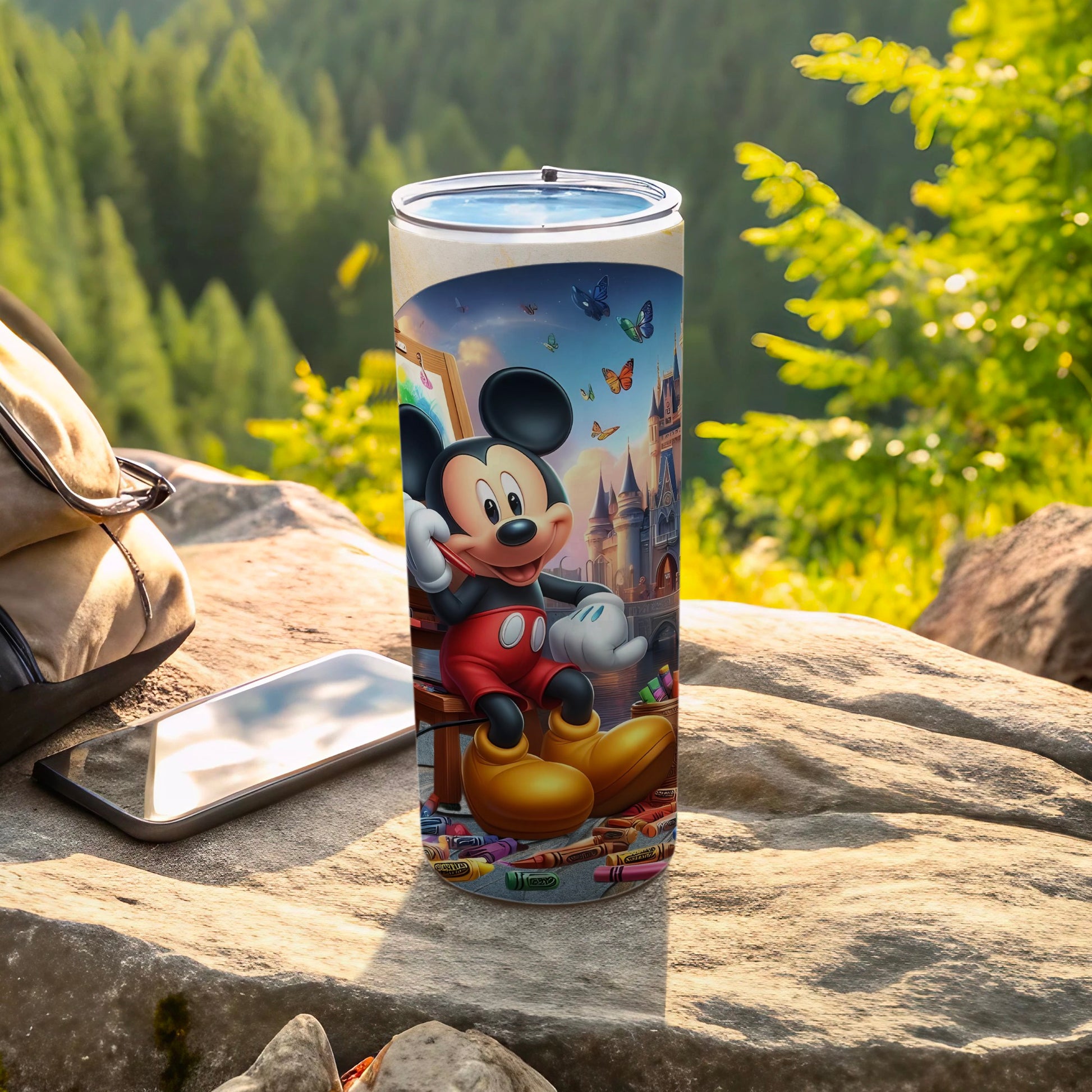 Vibrant Cartoon Character Tumbler with Scenic Background