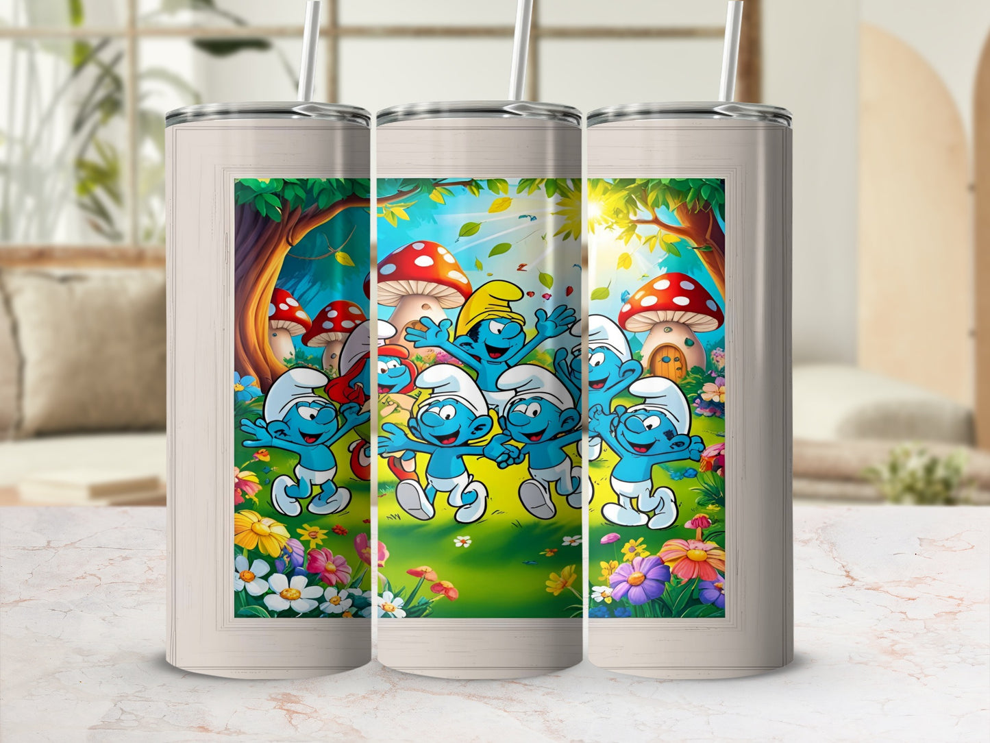 Smurfs dancing in a forest clearing with mushrooms and flowers.