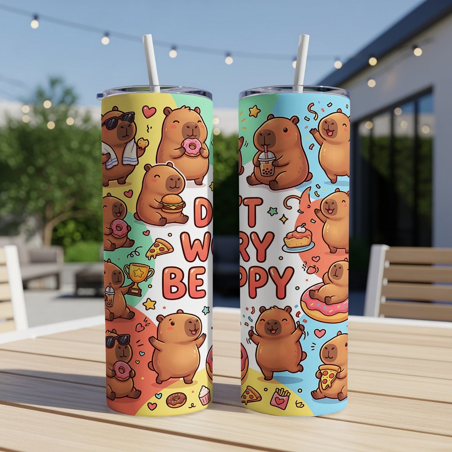 Two tumblers with cute cartoon capybaras enjoying donuts and pizza.