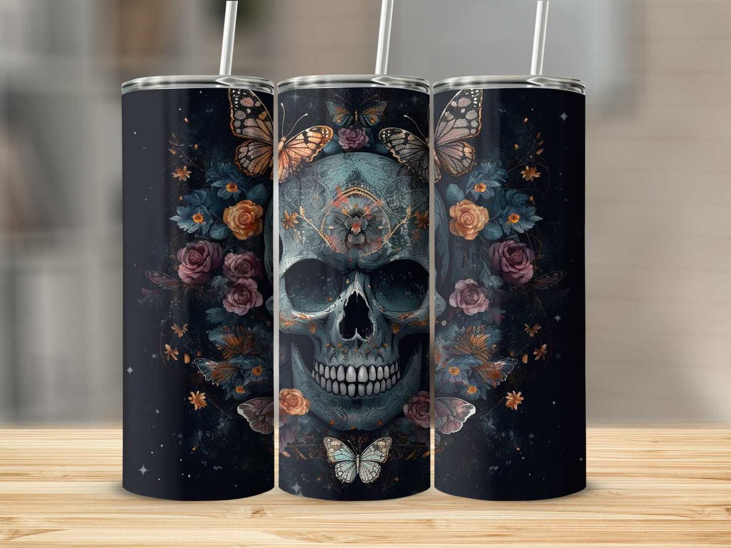 Colorful Skull with Butterflies Tumbler